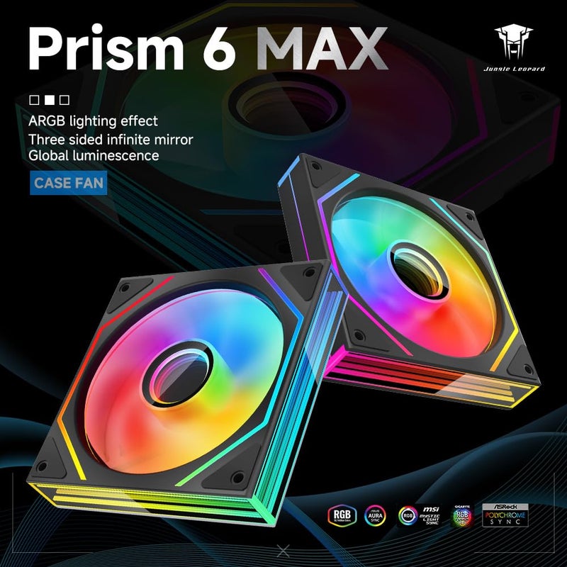 Jungle Leopard Prism6 MAX X3 120mm ARGB PC Case Fan - 3-Sided Infinite Mirror & Axis Infinite Mirror Light Effect，800-1850±10% RPM 120mm PWM Case Fan for PC Case(Triple Pack Black) - Image 2
